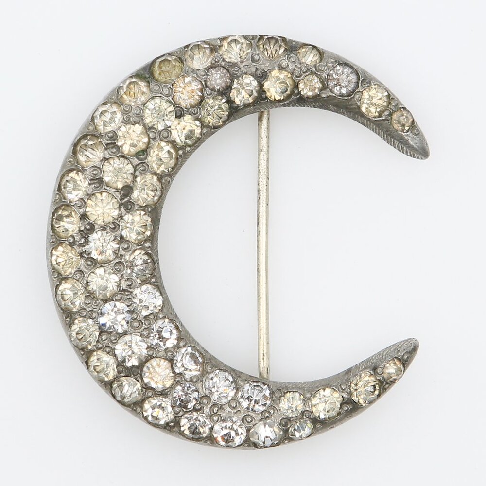 Antique Art Deco Celestial Crescent Moon Rhinestone Pot Metal Brooch 1920s
